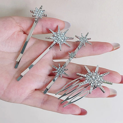 4PC Wedding Barrettes Set Bride Star Hair Clip Pins Metal Hair Comb Bridal Barrettes Rhinestones Hair Clip Hair Accessories