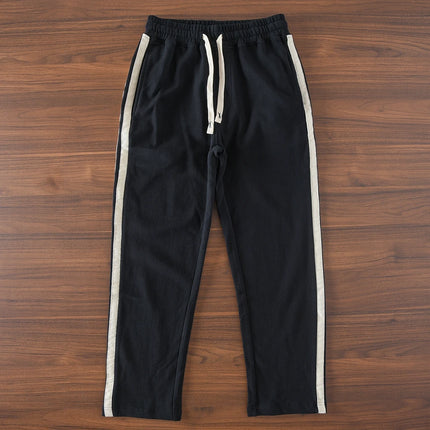 Spring Autumn American Retro Drawstring Knitted Striped Sweatpants Men's Simple 100% Cotton Sports Casual Loose Straight Pants