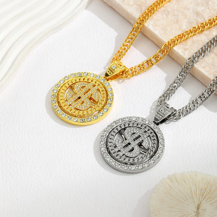 A Trendy Dollar Pendant Necklace with a Unique Style, Featuring a Diamond-Encrusted Dollar Cuban Chain