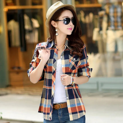 Slim Fit Plaid Long Sleeve Women's Shirt Qiang Yixuan Brand Autumn New Korean Version Cotton Button-Up Shirt