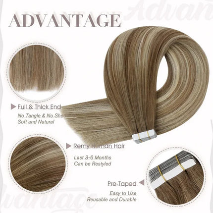Full Shine Tape in Hair Extensions Remy Human Hair Balayage Highlights Natural Hair For Salon