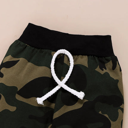 0-18Months Newborn Baby Boys Clothing Set Letter Print Short Sleeve Bodysuit with Bow + Camouflage Print Long Pants + Hat