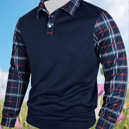 Men's Casual Color Blocked Shirt Long Sleeved Polo Shirt Lapel Pullover Checkered T-Shirt Simple Retro Men's Clothing