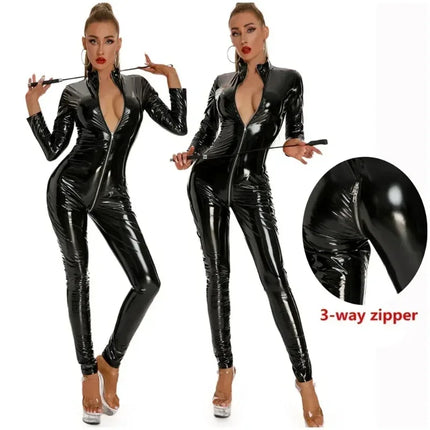 Women Sexy Wetlook Leather Sheath Bodysuit Female Erotic Porn Zipper Open Crotch Jumpsuits Glossy Pvc Latex Catsuit