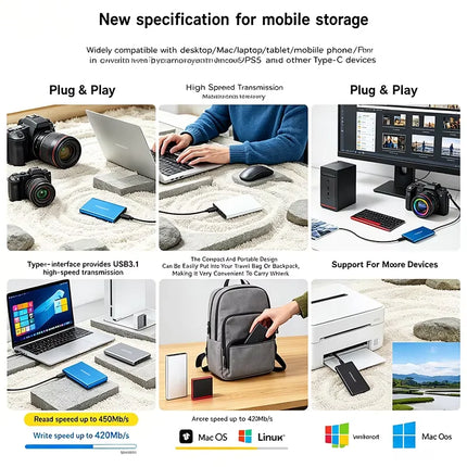 1TB External Hard Drive Portable SSD USB 3.1 Type-C Fast Transfer Shockproof for Laptop Mac PC Home Office Use