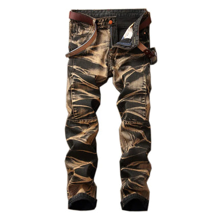 2026 New Men's Yellow Jeans, Blue Stretch Biker Trousers, Broken Hole Jeans, Fashion Popular Men Denim Pants Big Size 29-42