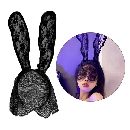 Sexy Black Lace Masquerade Mask Women Halloween Costume Party Rabbit Bunny Ears Lace Eye Mask Black 1pcs