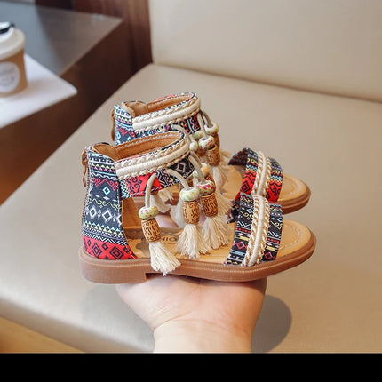 Girls Sandals Ethnic Retro Children Fashion Casual Shoes Tassels 2024 Back Zipper Summer New Sandals Kids Pattern GLADIATOR Cute