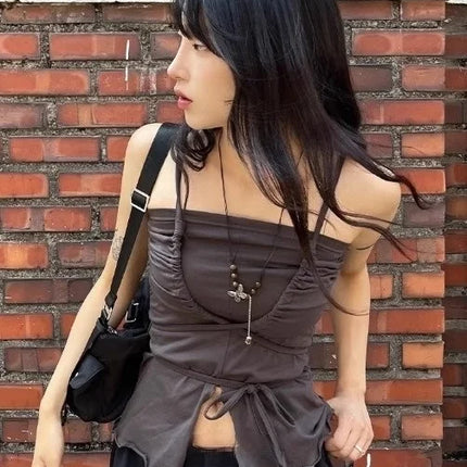 Korean Sle Unique Belted Design Slimming Versatile Split Front Strapl Top Women's Summer Faion Commute Straight Cut Vest