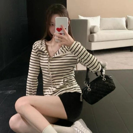 2000S American Vintage Striped Long Sleeve Hooded Sweatshirt Y2k Subculture Casual Zip Up Hooded Cardigan Harajuku Coats Chic
