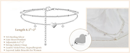 925 Sliver Plated CZ Anklet Bracelets for Women Girl Trendy New Waterproof Heart Charm Dainty Layer Chain Anklets Jewelry Gifts
