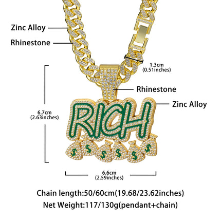 Hip Hop Men Women Become Rich Money Bag Pendant Necklace，With 13mm Miami Cuban Link Chain Necklaces Trendy Dollar Sign Neck Wear