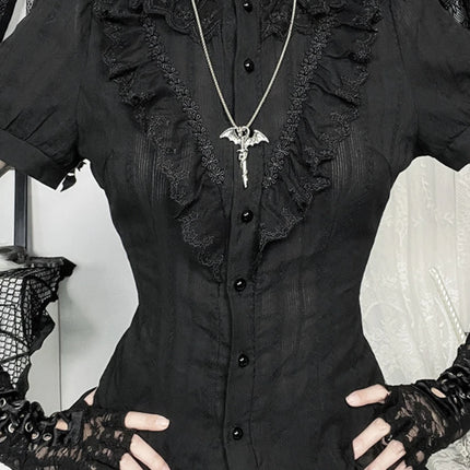 Sweet Lolita Cotton Shirts Women Vintage Gothic Black White Jacquard Short Sleeve Blouses Elegant Office Lady Y2k Tops