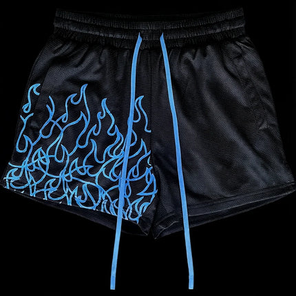 Men's Flame Print Casual Sports Shorts Breathable Mesh Adjustable Drawstring Waist Loose Fit Summer Street Daily Wear Trendy