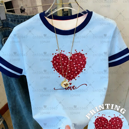 26 Women's Short Sleeve Valentine's Day LOVE Red Heart Print T-Shirt Girl Round Neck Tee Outdoor Sports Adult Women's T-Shirt