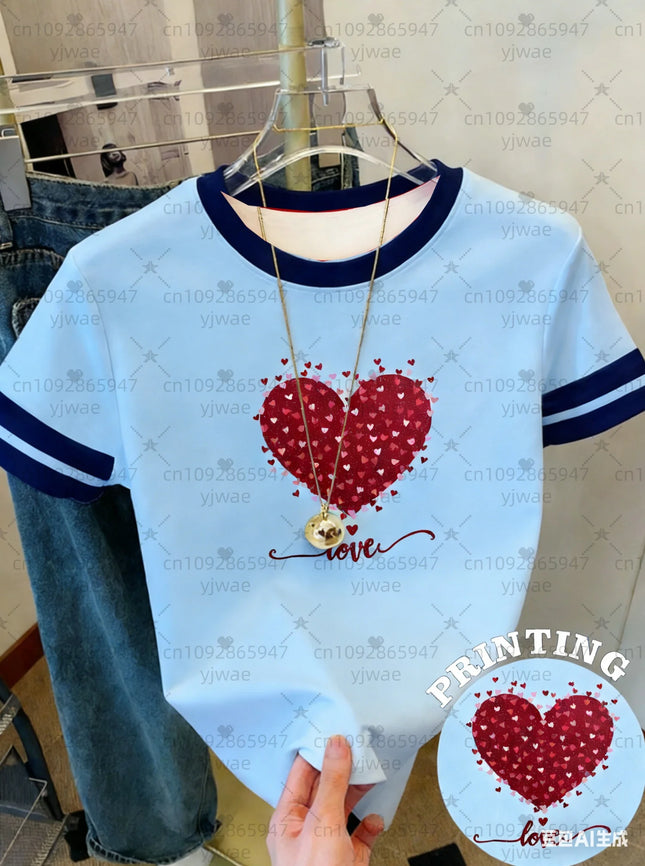 26 Women's Short Sleeve Valentine's Day LOVE Red Heart Print T-Shirt Girl Round Neck Tee Outdoor Sports Adult Women's T-Shirt