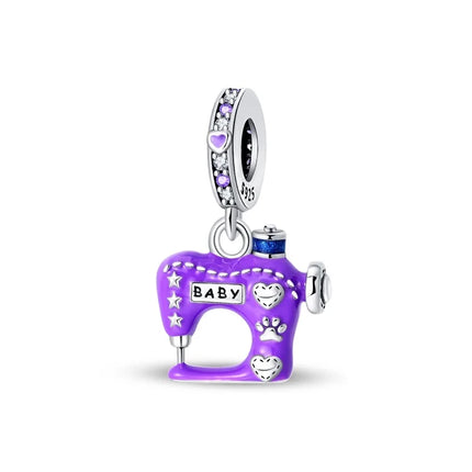 925 Sterling Silver Inlaid Heart-Shaped Beads & Rose Dangle Charm Fits Snake Bracelet Boutique Necklace Purple Pendant Gift