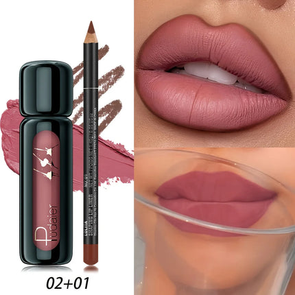 1set Long-lasting waterproof matte lip liner pen and lip gloss set - Smooth and natural tones, waterproof and not easy to smudge