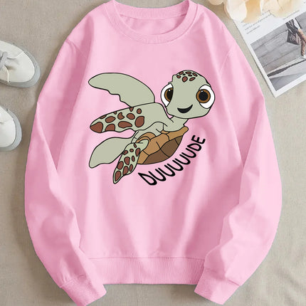 Cartoon Turtle Printed 2025 Autumn Winter Women's Hoodie Round Neck Long Sleeved Casual Women's Soft Sweatshirt Clothing