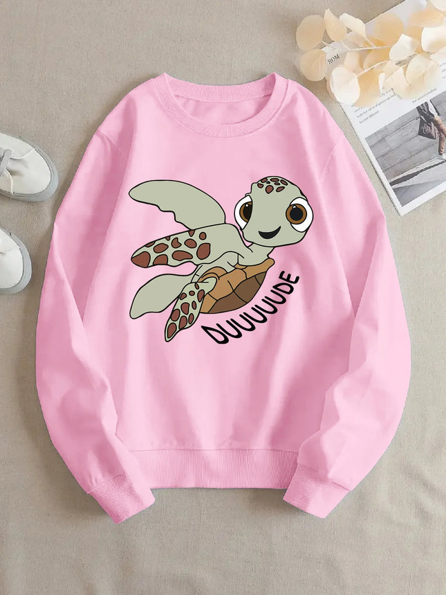 Cartoon Turtle Printed 2025 Autumn Winter Women's Hoodie Round Neck Long Sleeved Casual Women's Soft Sweatshirt Clothing