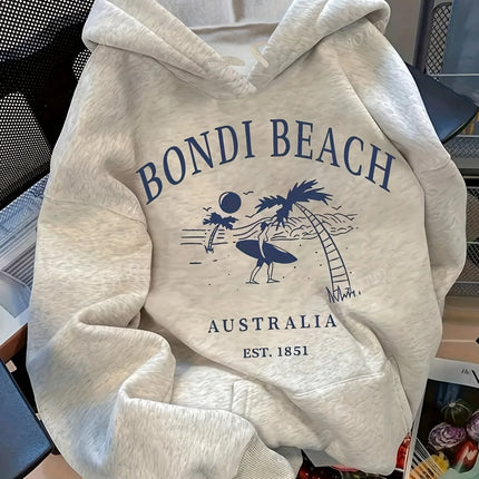 Women's Hoodie Pullover Sweatshirt with Australian Surf Graphic Bondi Beach EST 1851 Relaxed Fit Hooded Sweatshirt  Casual Top