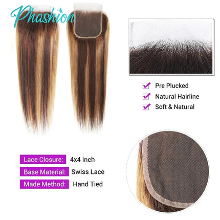 Phashion 28 26 Inch Long Highlight 13x6 13x4 Lace Frontal Straight Transparent P4/27 6 by 6 5x5 4x4 2x6 Closure 100% Human Hair