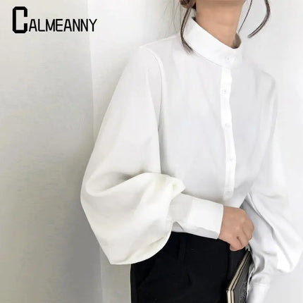 Spring Fashion Women Solid Stand Collar Casual Elegant Fashion Women's Top Clothing Blouse Shirt Lantern Long Sleeve Women's Shirts