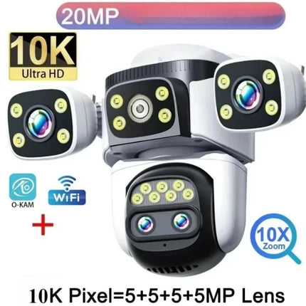 20MP 10X Optical Zoom WiFi6 Outdoor Security Cam Four Lens Three Screens Auto Tracking 6K Dual Len Waterproof WiFi CCTV Cam 10K