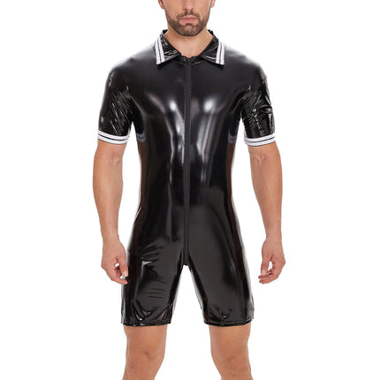 Plus Size Men's Sexy Open Crotch PU Leather Catsuit for Sex, Erotic Shaping Sheath Bodycon Crotchless Glossy Leather Shirt Sexi