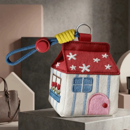 Kawaii Large Capacity Cartoon House Earphone Bag Mini Embroidery Storage Bag Red Polyester Coin Purse Women