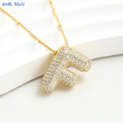 SUNSLL Cubic Zircon A-Z 26 Bubble Letter Necklace 2 Sizes Gold Plated M Chunky Balloon Initials Pendant Women Chain Jewelry 2024