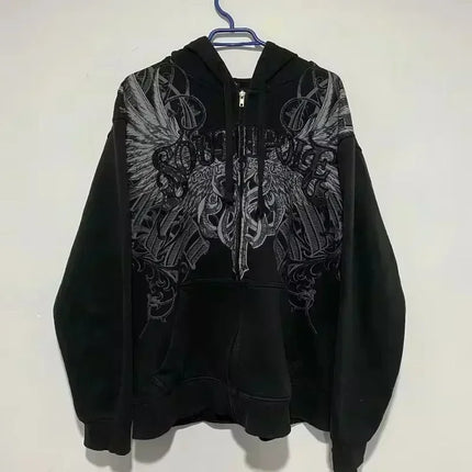American Y2K New Hip Hop Trend Zipper Hoodie Women Street Casual Loose Joker Vintage Sweatshirt Unisex Fleece Padded Warm Hoodie