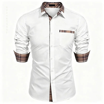 Men's shirt checkered contrasting long sleeved shirt, business casual button up shirt, personalized and trendy men's clothing