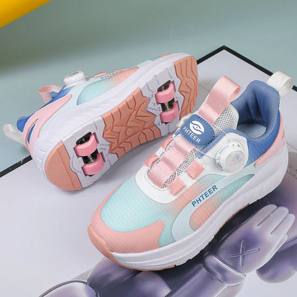 Kids Two Wheels Roller Skating Shoes with Light Magic Stick Walking Shoes, Detachable Wheels Roller Skate Shoes for Teenagers
