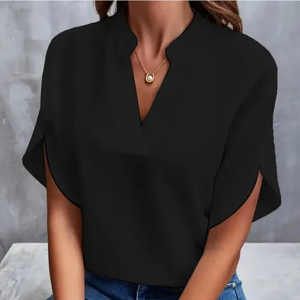 Summer Elegant Women's Blouse New V-neck Short Sleeve Solid Color Loose Shirt Casual White Tops Office Lady Blouses