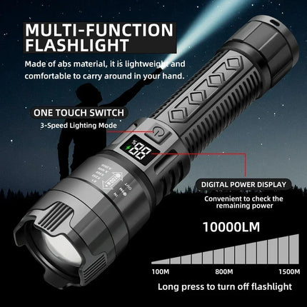 High Strong Power Led Flashlights Bright Tactical Torch with Display Light Rechargeable Camping Fishing Emergency Zoom Lantern
