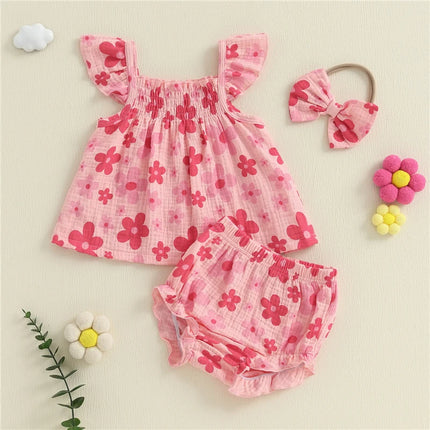 3pcs Summer Toddler Infant Baby Girl Casual Outfit Set Fly Sleeve Floral Print Tank Tops + PP Shorts Headband Baby Clothes