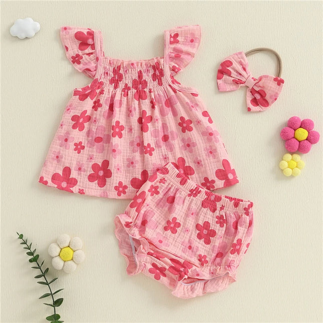 3pcs Summer Toddler Infant Baby Girl Casual Outfit Set Fly Sleeve Floral Print Tank Tops + PP Shorts Headband Baby Clothes