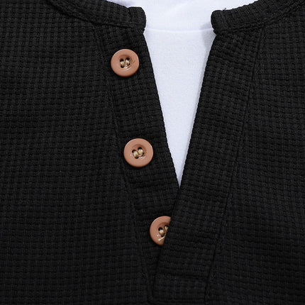 Men's New  Button Henley neck Shirt Long Sleeve Casual Button Solid color T-Shirt Fashion Waffle Cotton Fake two-piece T-Shirt