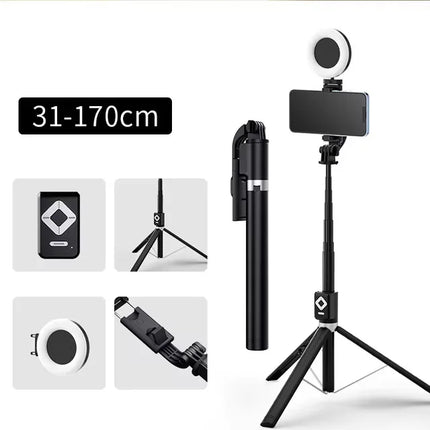 4 in 1 Phone Mount 1.7m Extendable live Tripod Selfie Stick Support LED Ring Dual Light Mirror Stand for iPhone 15 14 11 Android