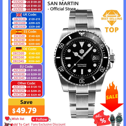 San Martin Upgraded Version 40mm Water Ghost Diver Watch Men Luxury Automatic Mechanical Watches Sapphire Waterproof 200m SN0017