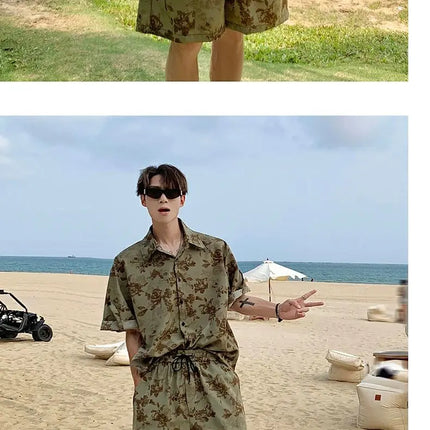 Loose Straight Leg Five-Quarter Beach Pants or Short Sleeve Printed Shirt Beach Travel Men's Fashion Floral Patterned Two-Piece Set