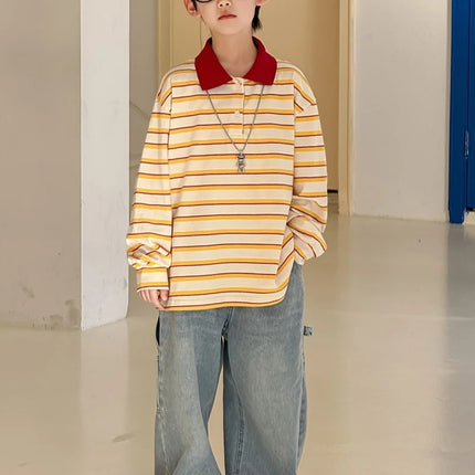 2026 New Kids Stripe Polo Shirt Spring 1-12Y Boys Cotton Soft Orange Color Blocking Casual Long Sleeve Top Children Clothes