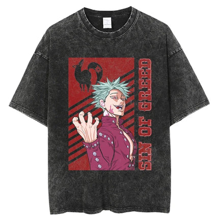 Hot Sale Anime Peripherals The Seven Deadly Sins Ban Print T-shirt Men Women Vintage Washed Cotton Top Oversized Summer New Tees