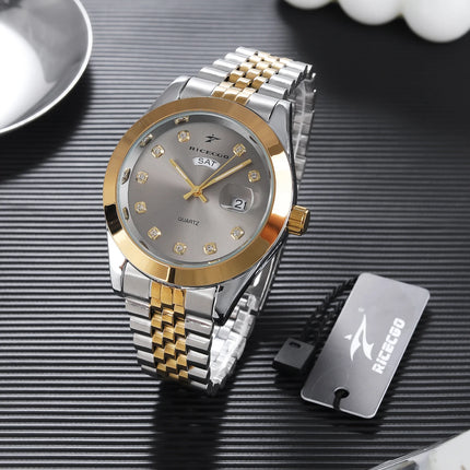 Men's quartz wristwatch with color blocked metal strap, diamond inlaid dial, dual calendar display design, light luxury texture,