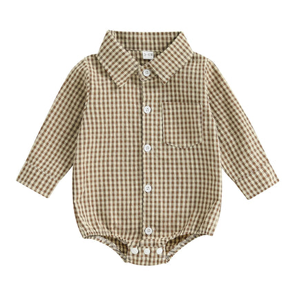 Pudcoco Baby Boys Plaid Romper Button-down Long Sleeve Lapel Neck Adorable Fall Jumpsuits