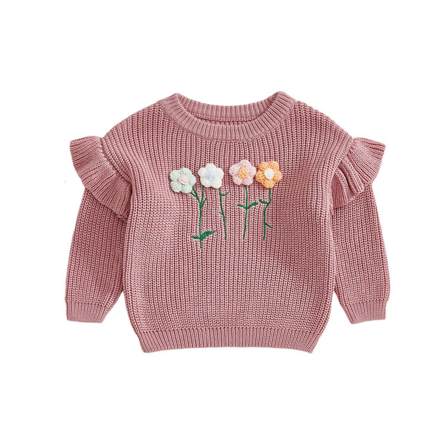 Kids Baby Girl Clothes Children Fall Winter Sweaters Long Sleeve Round Neck 3D Flower Knit Pullover Tops Toddler Chunky Knitwear