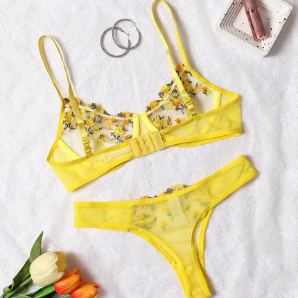 Women Sexy Lace Lingerie Push Up Lingerie Semi-Sheer Bra And Panty Sets Female Erotic Underwear Flower Embroidery Bralette Set