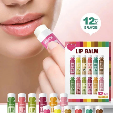 12PCS Moisturizing Fruit Flavor Color Lip Balm Set Hydrating Nourishing Lipstick Set Cracking Lip Care long-lasting moisturizing