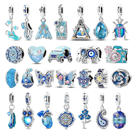 Blue Series 925 Sterling Silver Owl Butterfly Pirate Ship Car Beetle Clogs Charm Fit DIY Bracelet Necklace Fun Matching Gifts